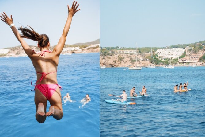 5 Hour Adults Ibiza Boat Trip + lunch, 6 drinks, SUP Boards & DJ - Cala Conta and the Es Vedrà moment from the water