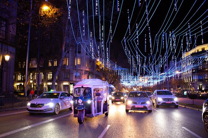 Christmas Lights Tour of Madrid in Eco Tuk Tuk Private - Columbus square and Discovery Gardens: a scenic reset